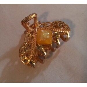Vintage Gold Tone & Amber Hair Claw Clip With Rhinestones